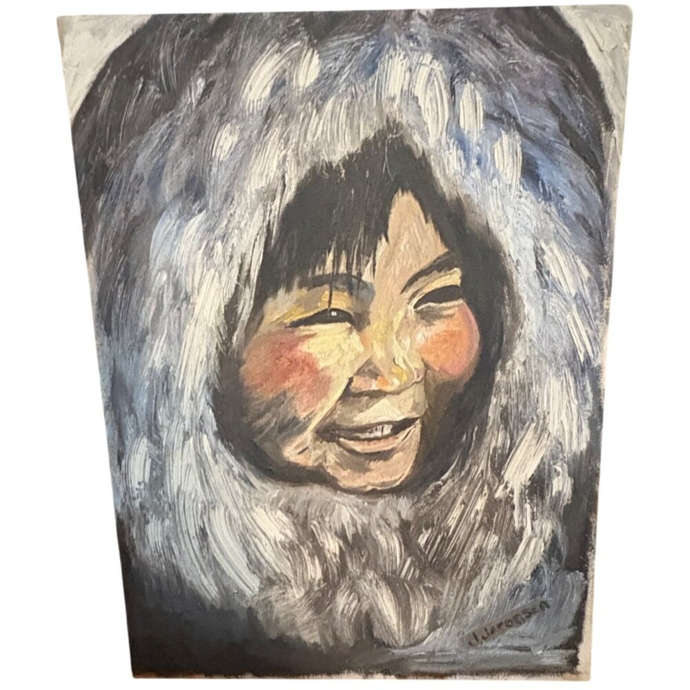 Original Oil Painting Of Inuit Child By J. Jacobsen canvas gray black READ